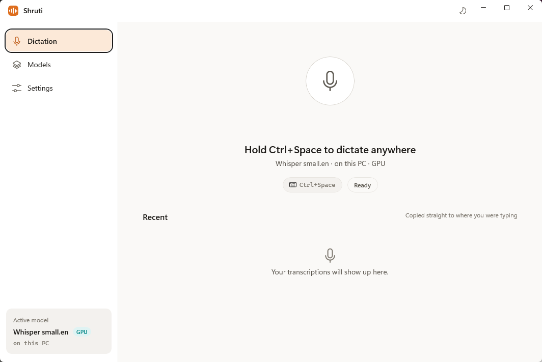 Shruti home screen showing dictation status