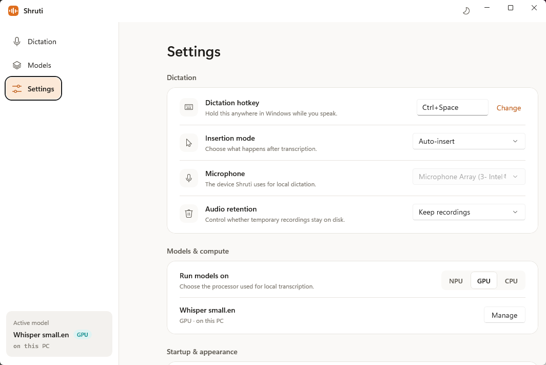 Shruti settings screen for model and app preferences